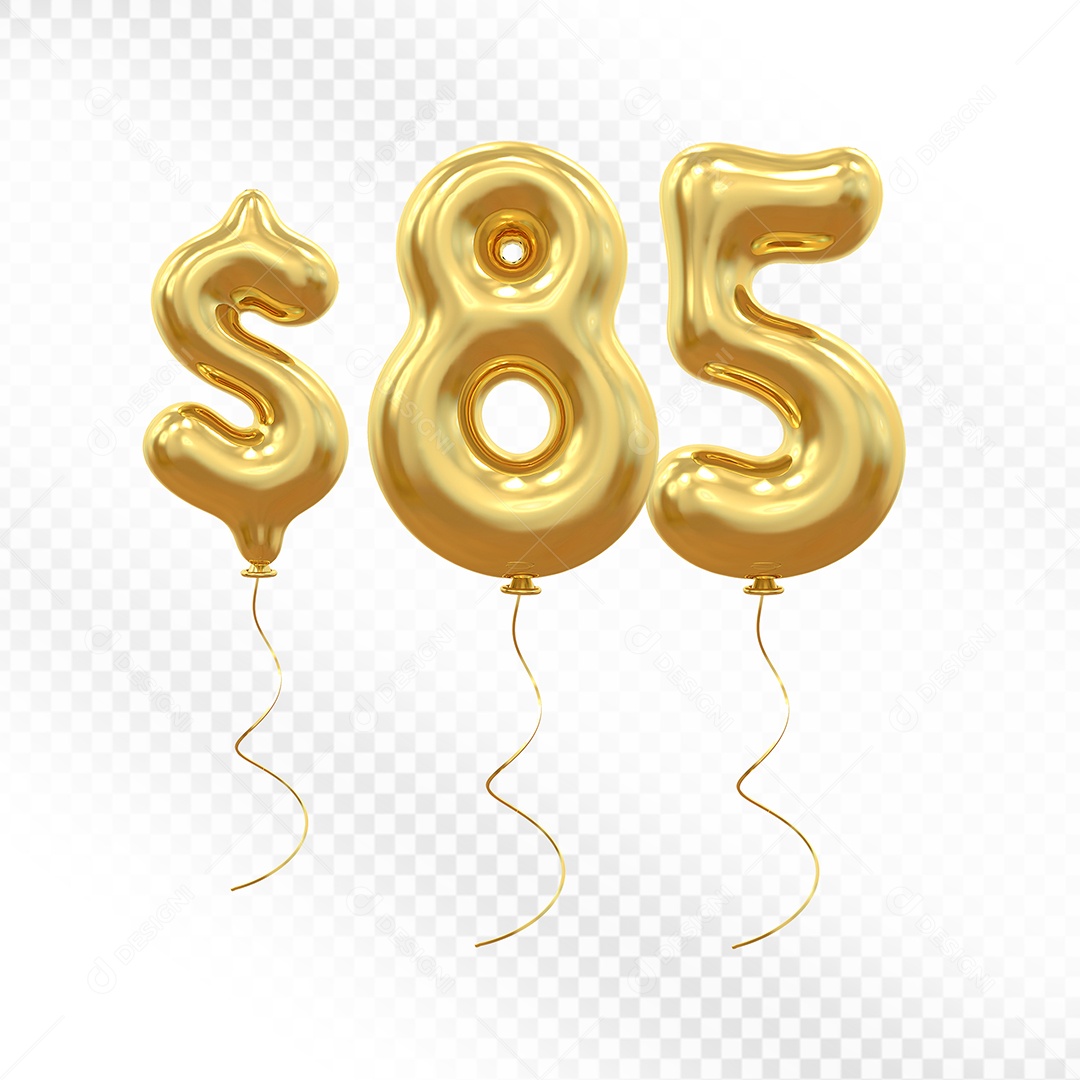 Elemento 3D Balão Dourado de Número $85 para Composição PSD