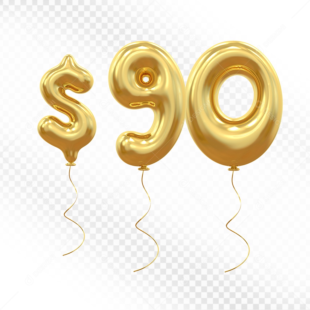 Elemento 3D Balão Dourado de Número $90 para Composição PSD
