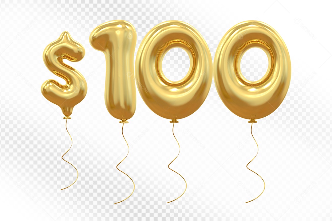 Elemento 3D Balão Dourado de Número $100 para Composição PSD