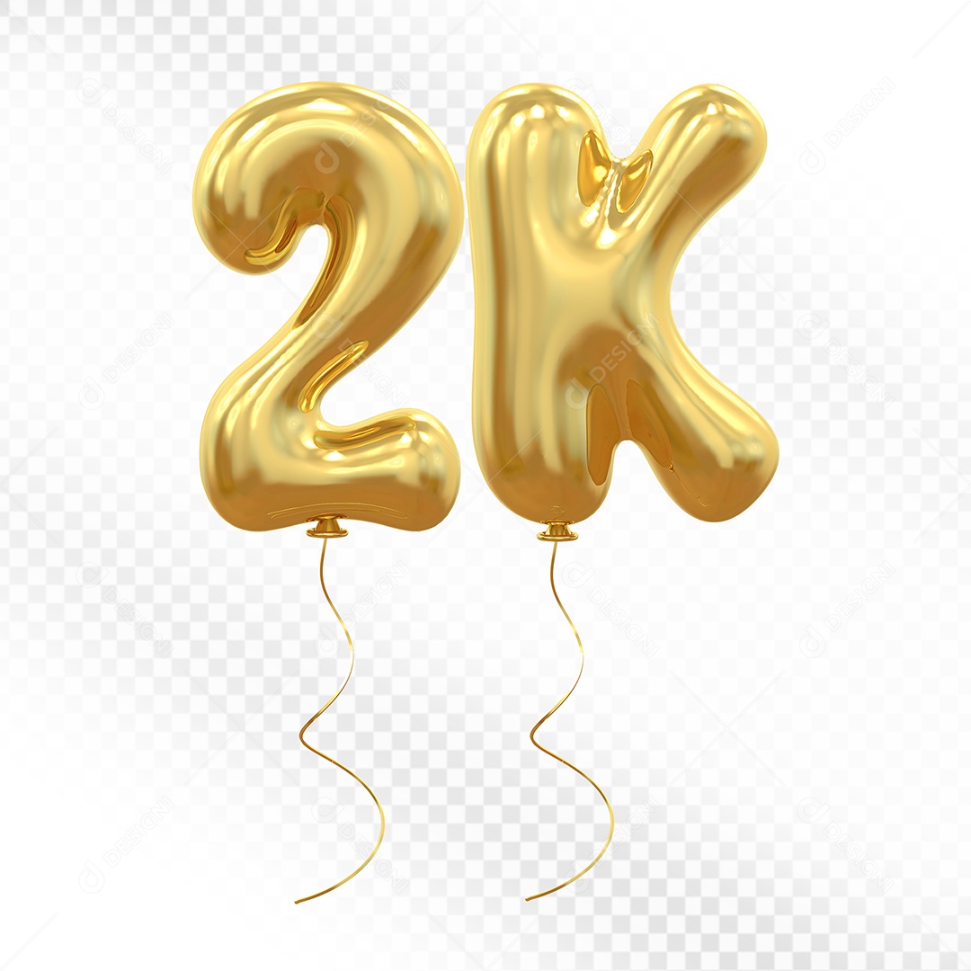 Elemento 3D Balão Dourado de Número 2K para Composição PSD