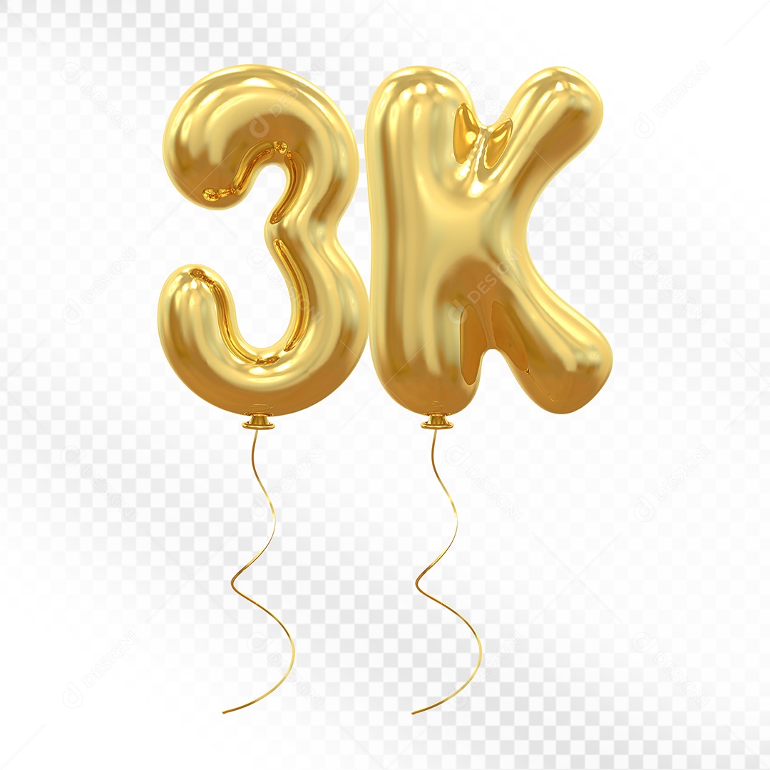 Elemento 3D Balão Dourado de Número 3K para Composição PSD