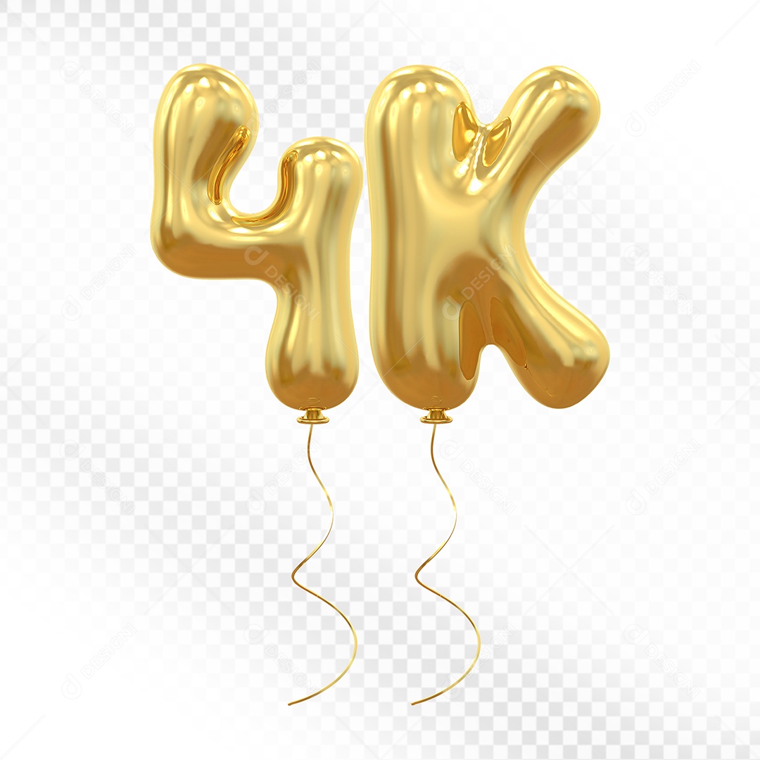 Elemento 3D Balão Dourado de Número 4K para Composição PSD