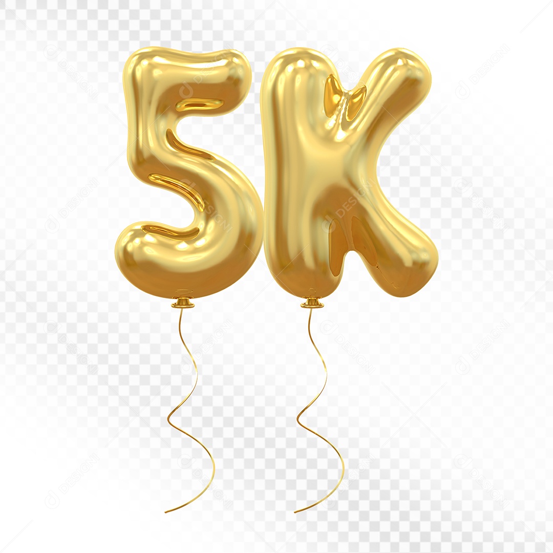 Elemento 3D Balão Dourado de Número 5K para Composição PSD