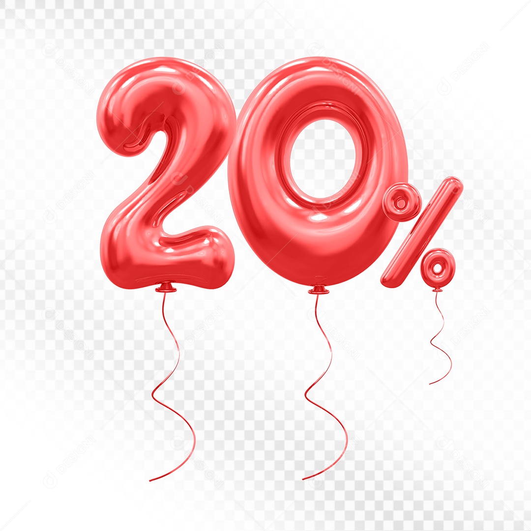 Elemento 3D Balão Vermelho de Número 20% para Composição PSD