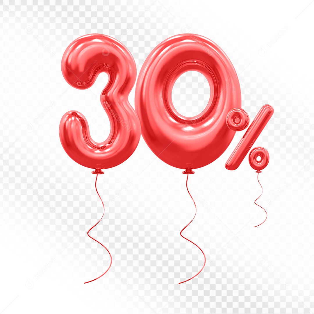 Elemento 3D Balão Vermelho de Número 30% para Composição PSD