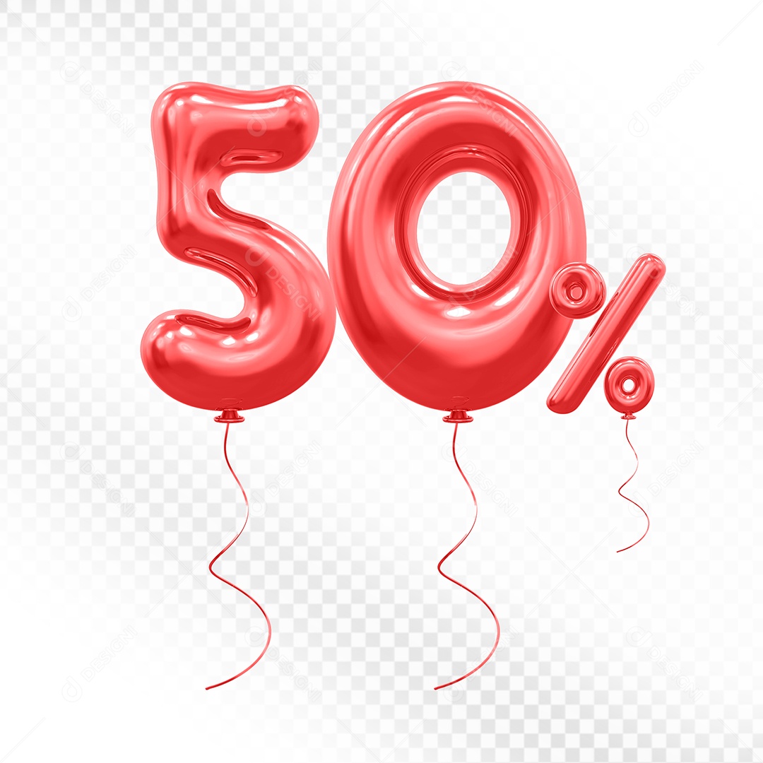 Elemento 3D Balão Vermelho de Número 50% para Composição PSD