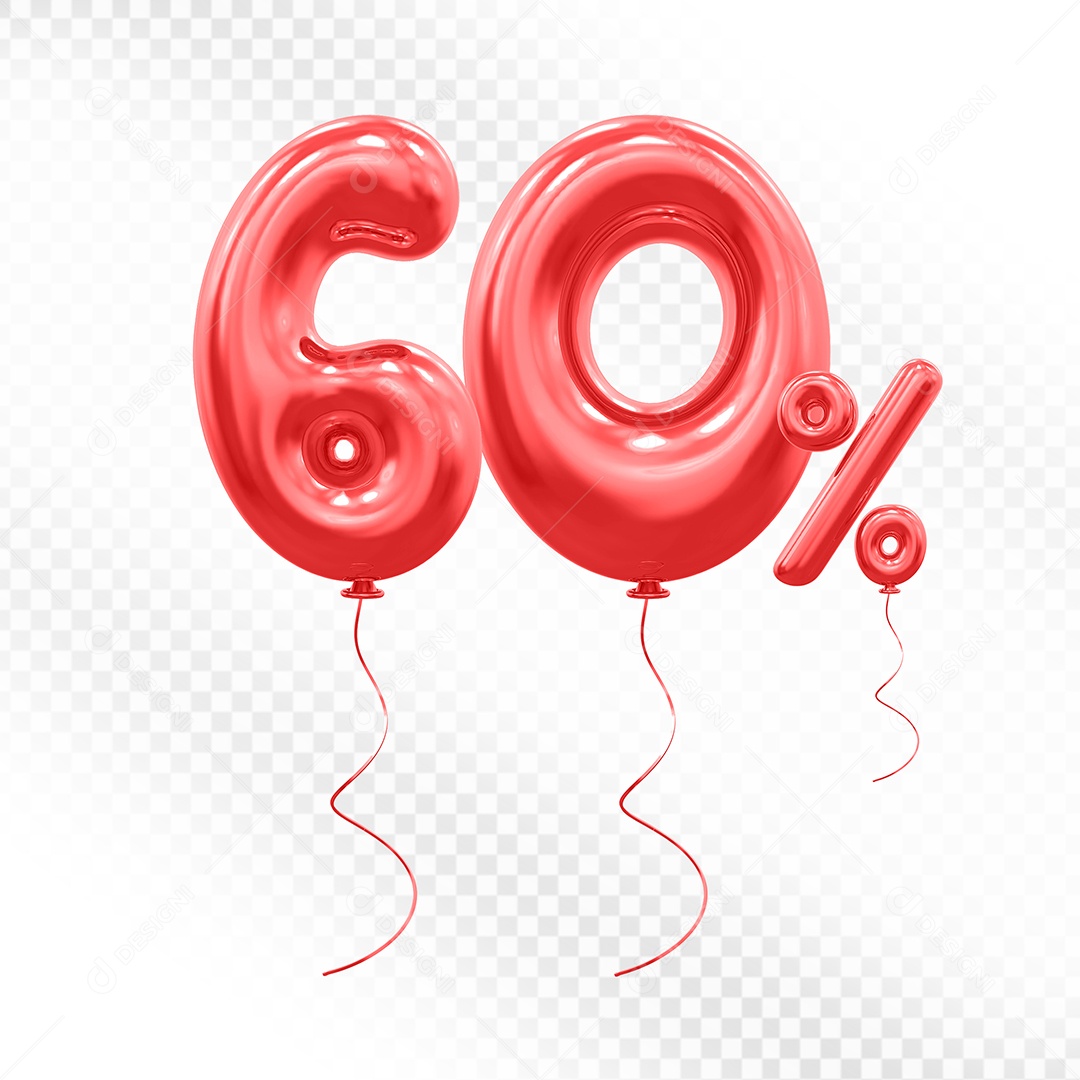 Elemento 3D Balão Vermelho de Número 60% para Composição PSD