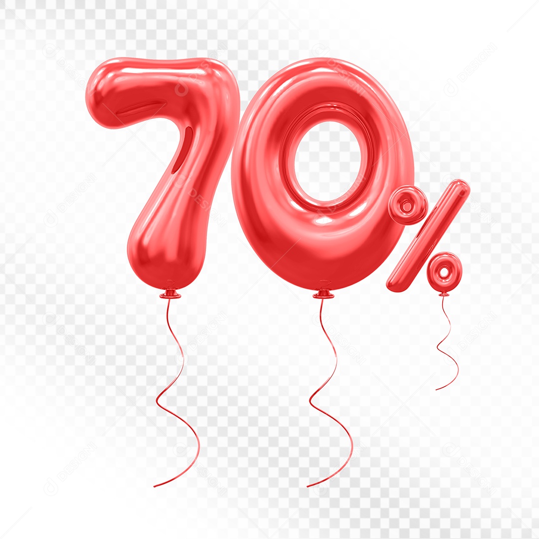 Elemento 3D Balão Vermelho de Número 70% para Composição PSD