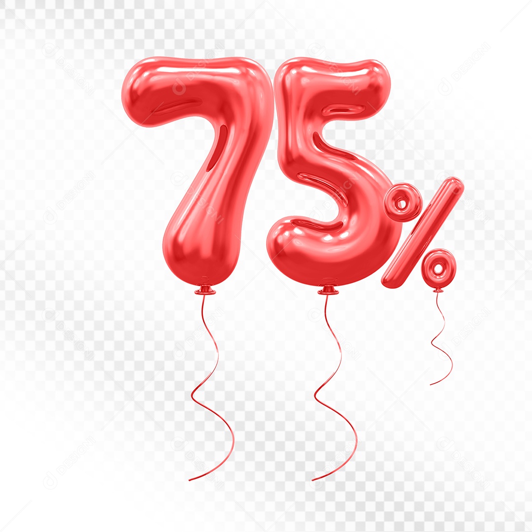 Elemento 3D Balão Vermelho de Número 75% para Composição PSD