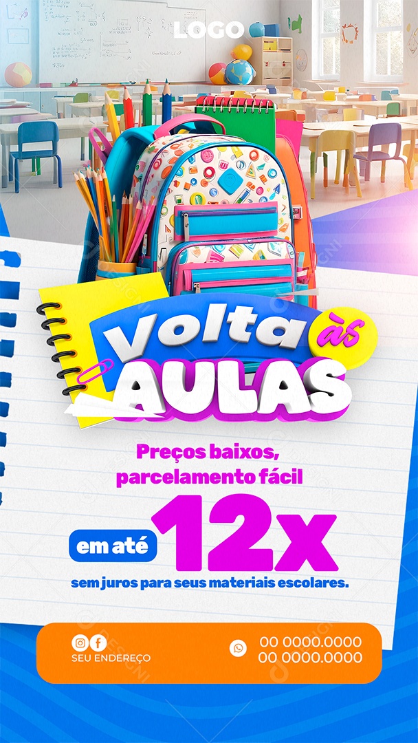 Story Volta às Aulas Preços Baixos Parcelamento Fácil Social Media PSD Editável