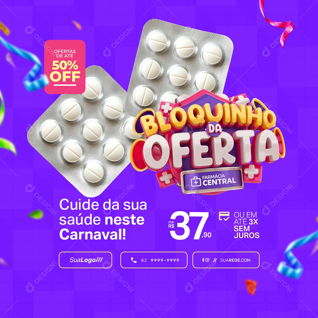 Bloquinho Da Oferta Farmácia 50% Off Social Media PSD Editável