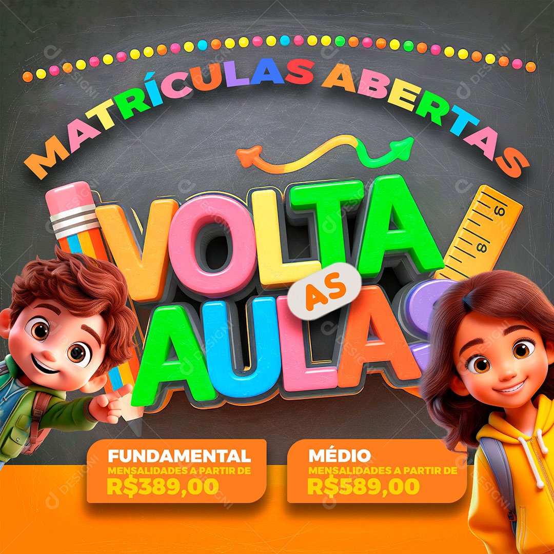 Elemento 3D Volta as Aulas para Composição PSD