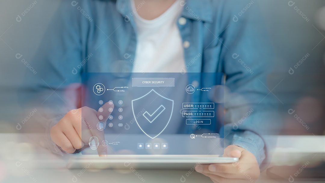 Mão de empresário mechendo em ipad com tecnologia avançada sobre fundo desfocado