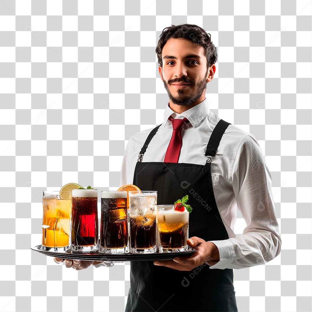 Garçom com Bandeja de Bebidas PNG Transparente