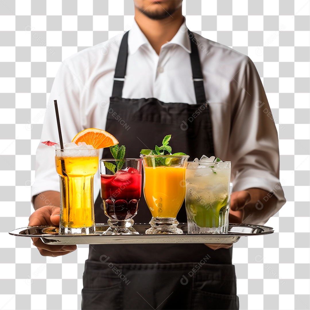 Garçom com Bandeja de Bebidas PNG Transparente