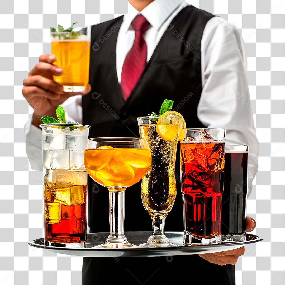 Garçom com Bandeja de Bebidas PNG Transparente