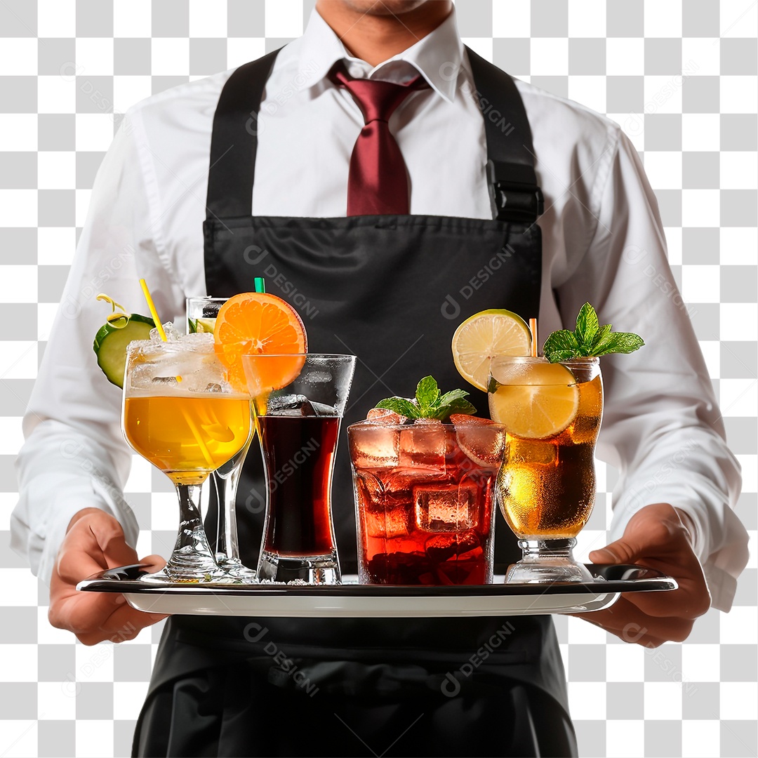 Garçom com Bandeja de Bebidas PNG Transparente