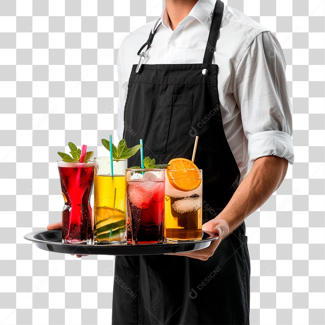 Garçom com Bandeja de Bebidas PNG Transparente