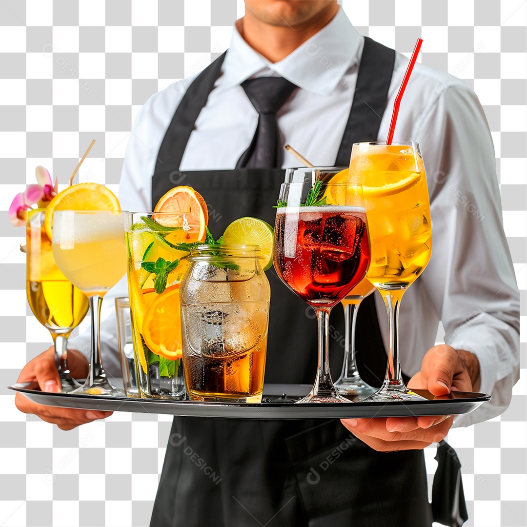 Garçom com Bandeja de Bebidas PNG Transparente