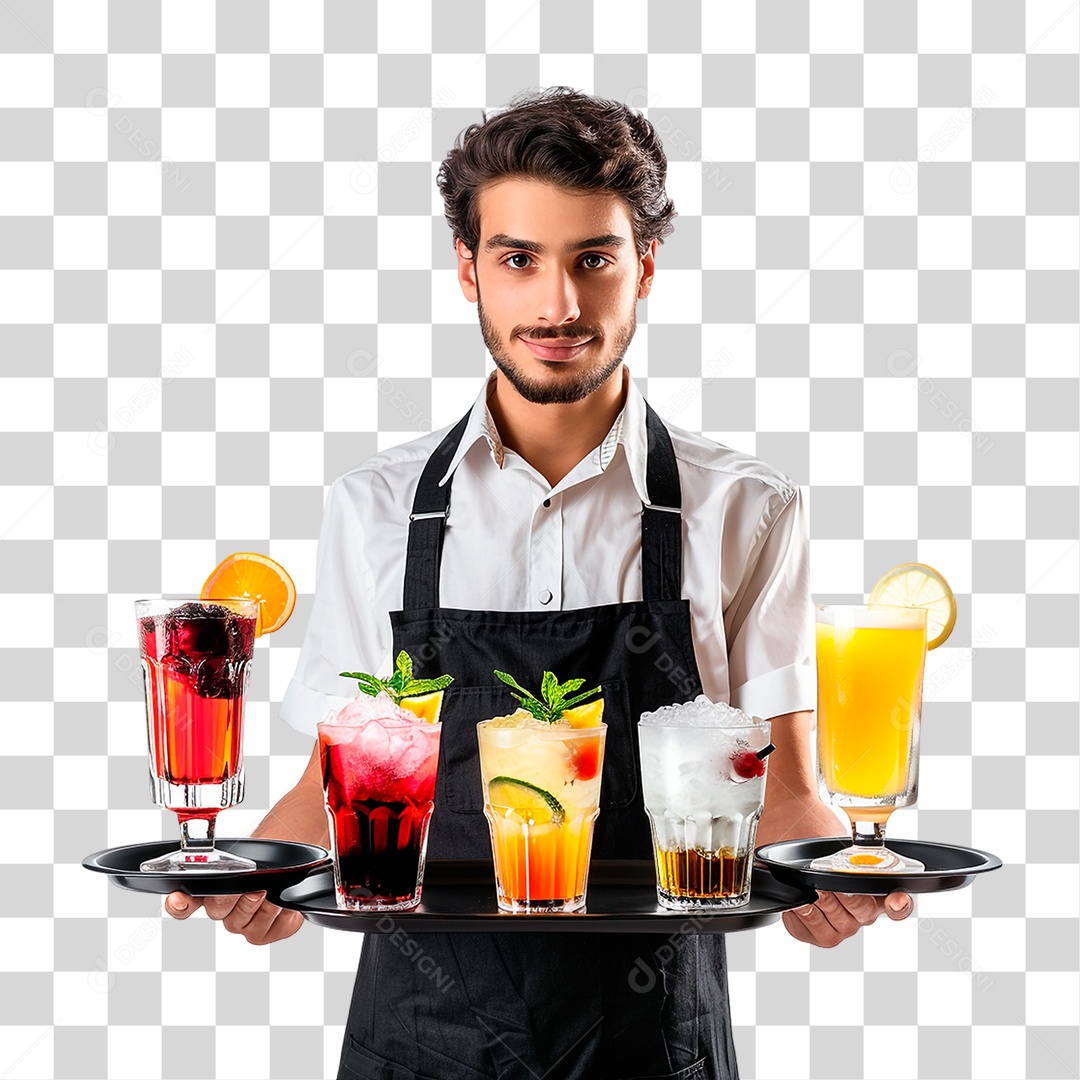Garçom com Bandeja de Bebidas PNG Transparente