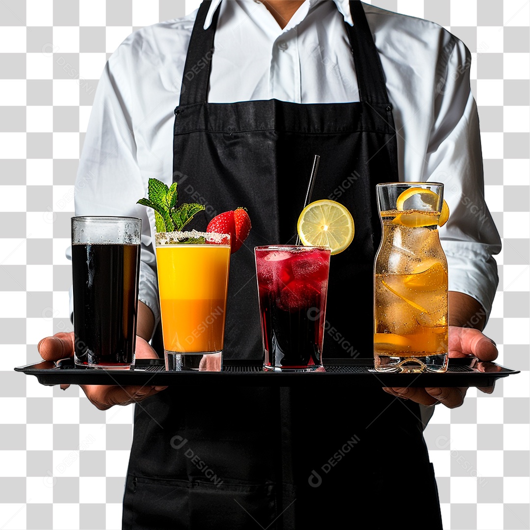 Garçom com Bandeja de Bebidas PNG Transparente