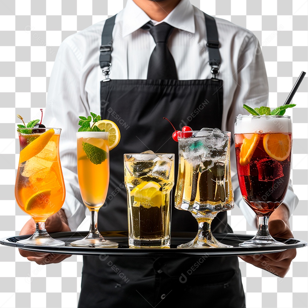 Garçom com Bandeja de Bebidas PNG Transparente