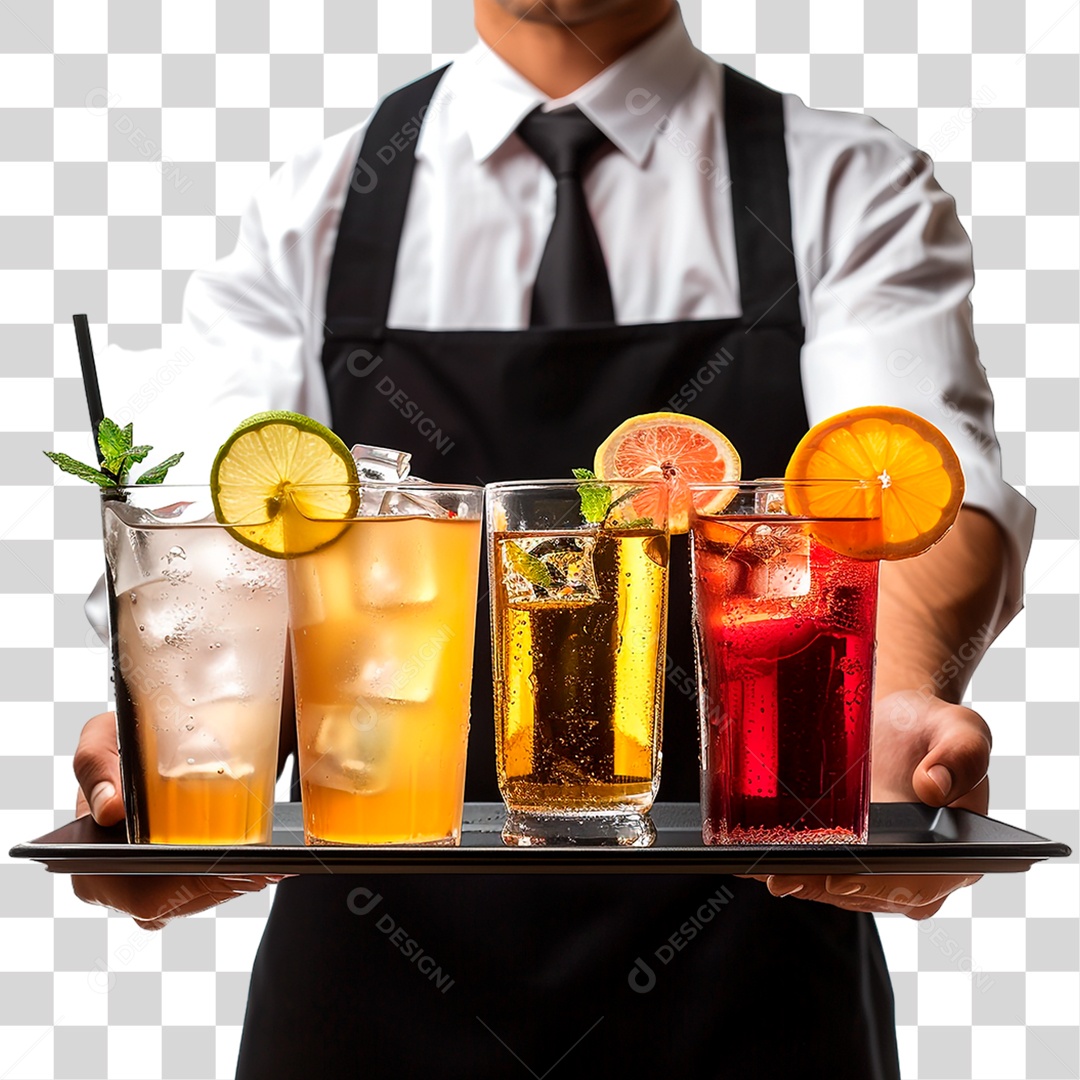 Garçom com Bandeja de Bebidas PNG Transparente