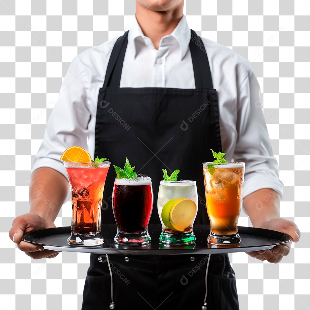 Garçom com Bandeja de Bebidas PNG Transparente