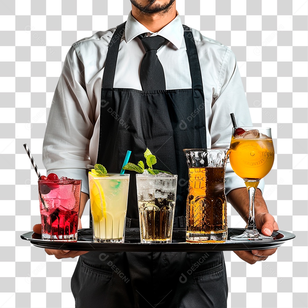 Garçom com Bandeja de Bebidas PNG Transparente