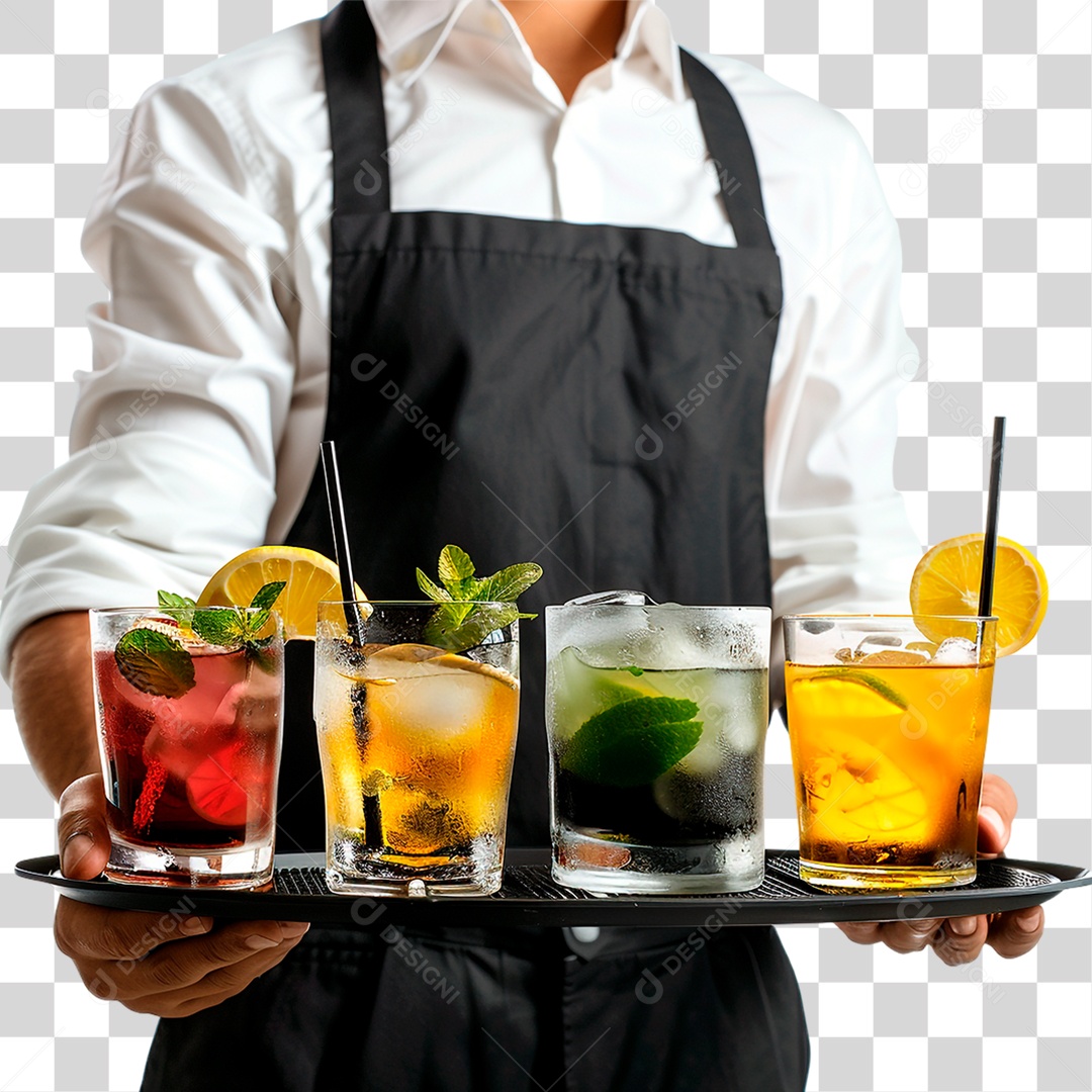 Garçom com Bandeja de Bebidas PNG Transparente