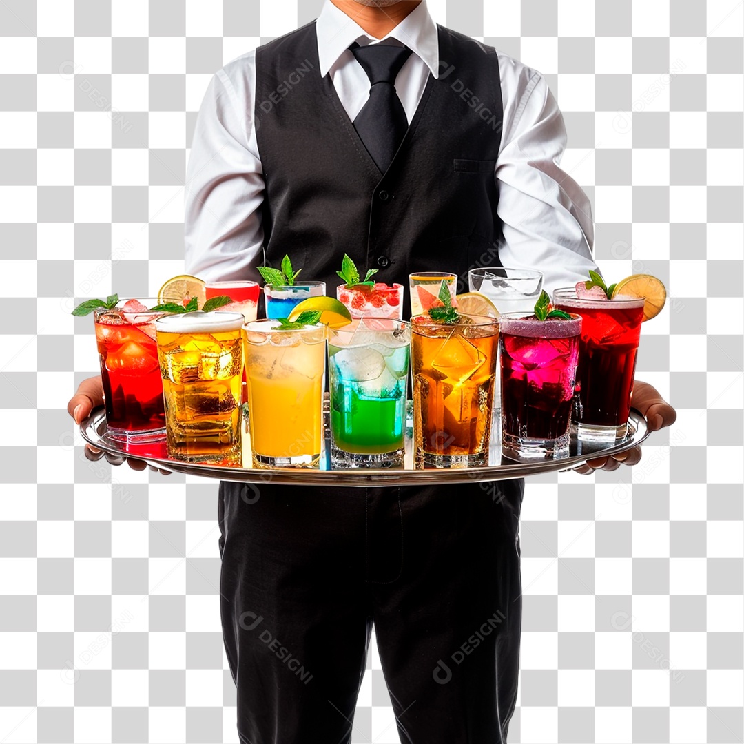 Garçom com Bandeja de Bebidas PNG Transparente