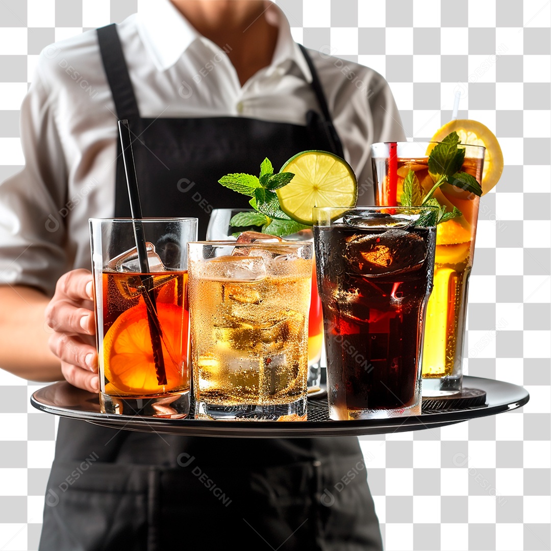 Garçom com Bandeja de Bebidas PNG Transparente