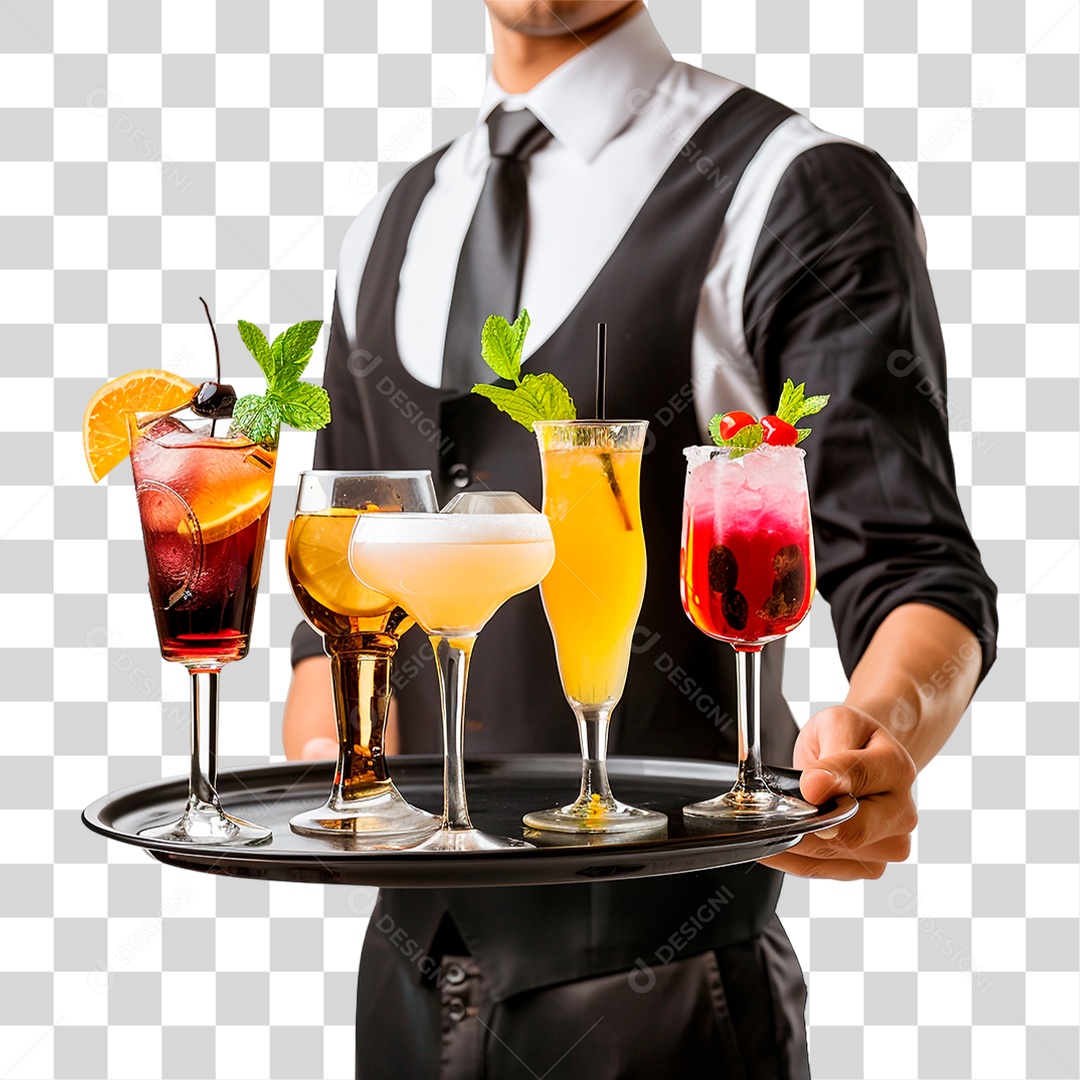 Garçom com Bandeja de Bebidas PNG Transparente