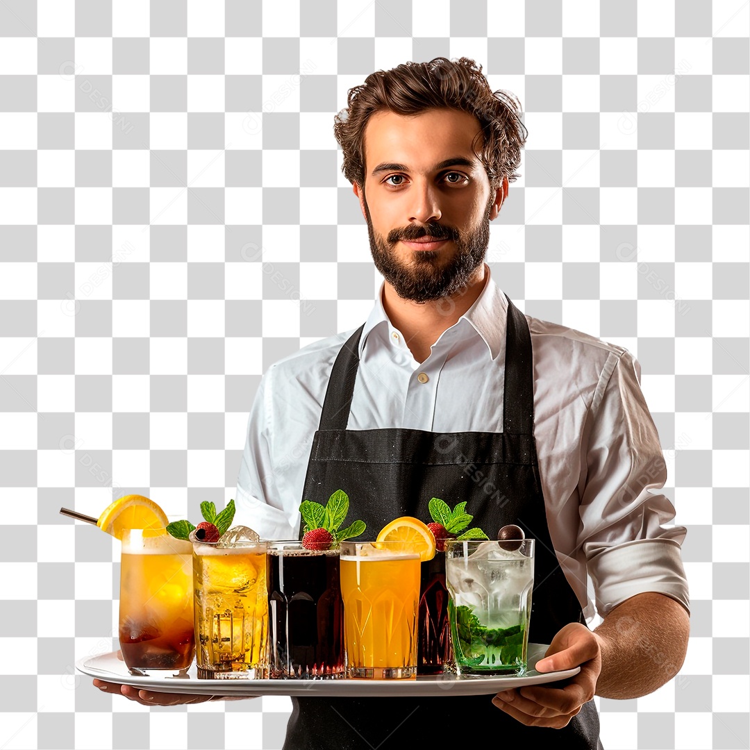 Garçom com Bandeja de Bebidas PNG Transparente