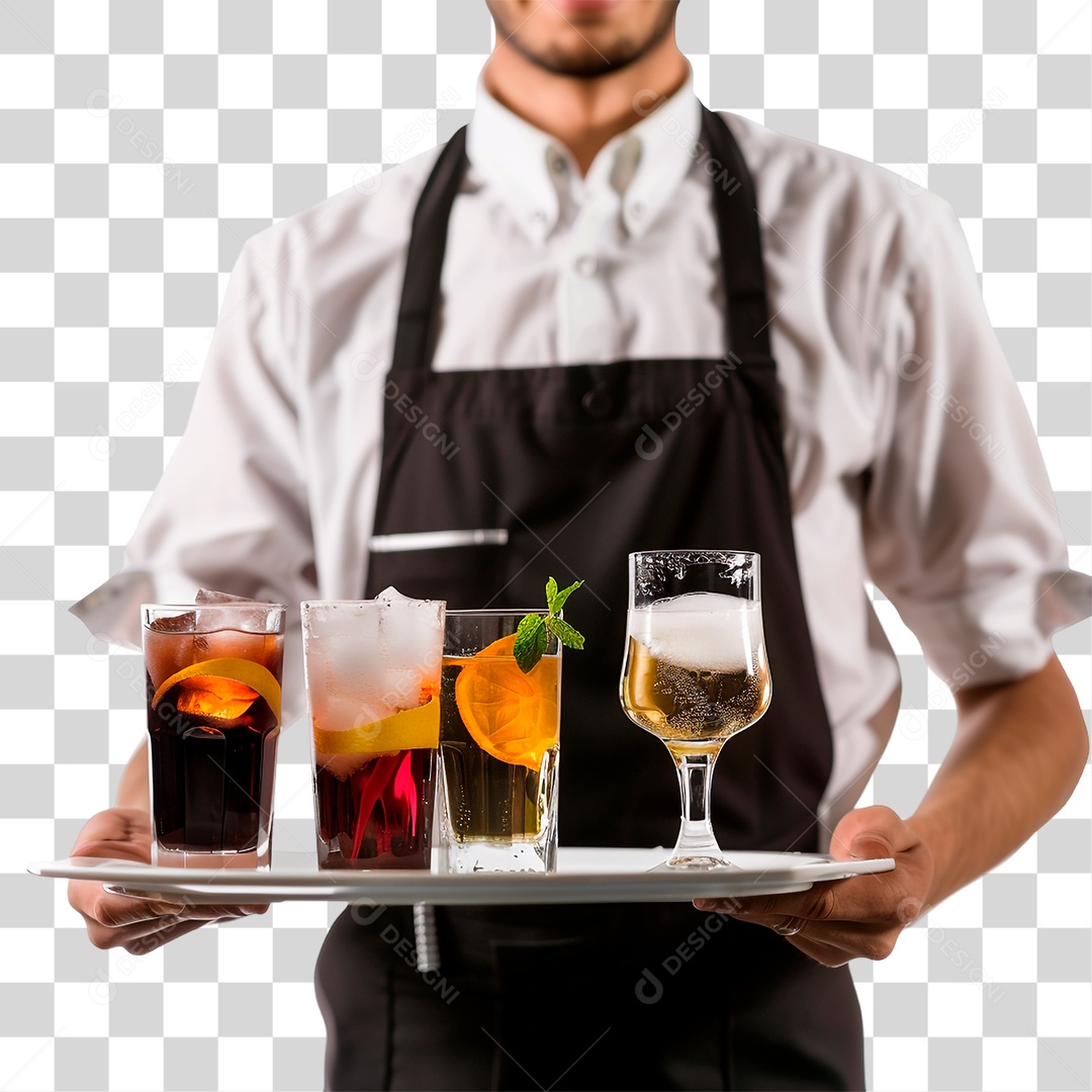 Garçom com Bandeja de Bebidas PNG Transparente