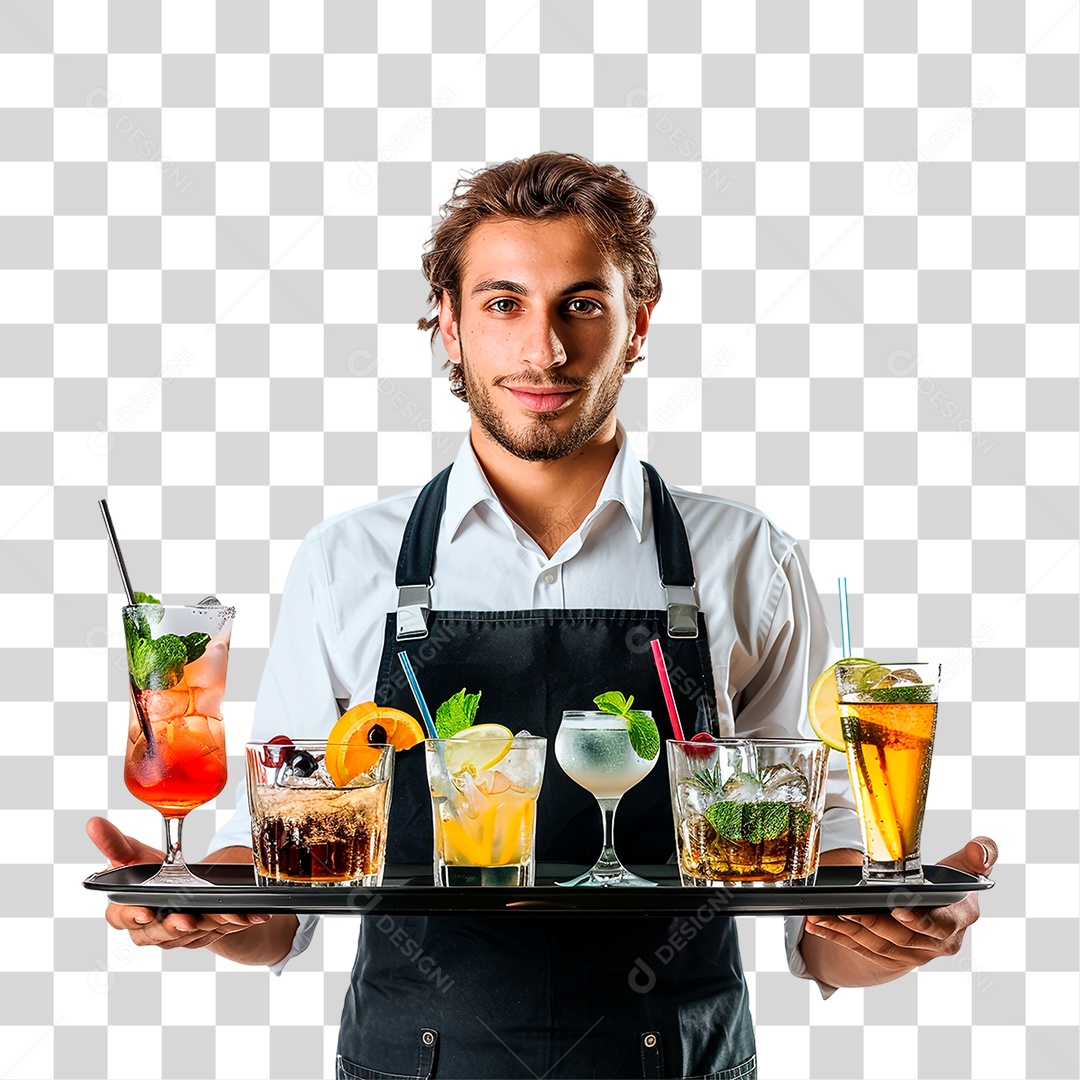 Garçom com Bandeja de Bebidas PNG Transparente