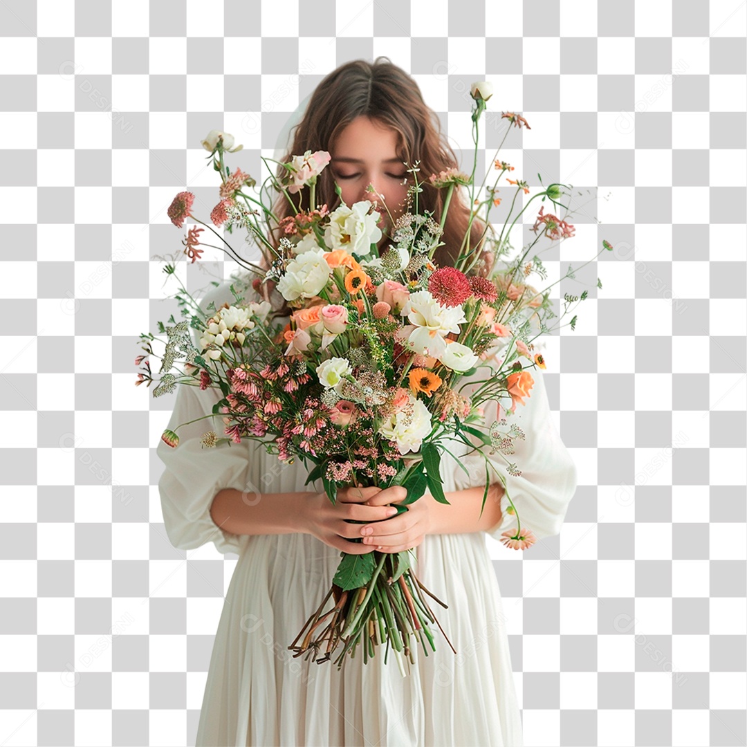 Mulher Segurando Buquê de Flores PNG Transparente
