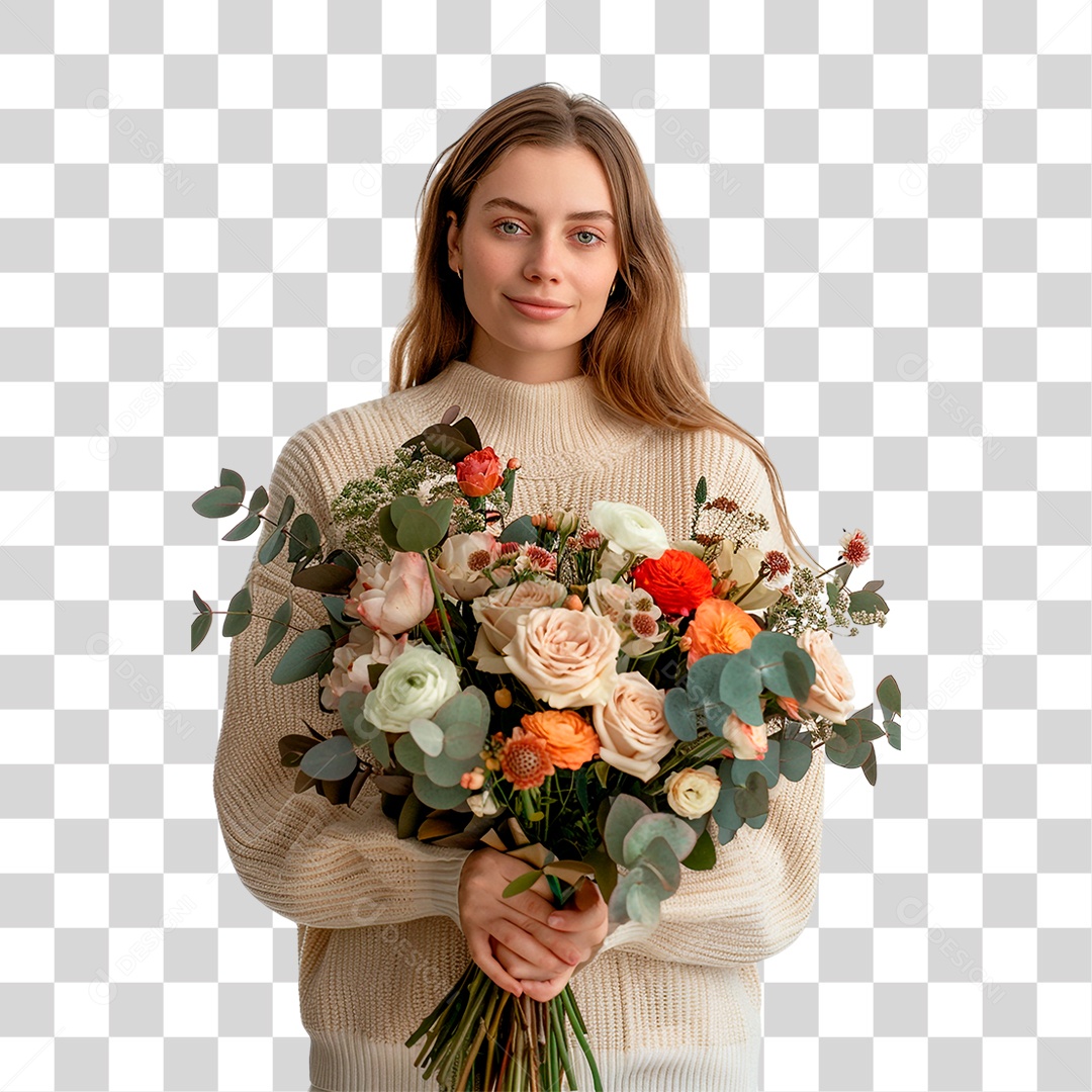 Mulher Segurando Buquê de Flores PNG Transparente