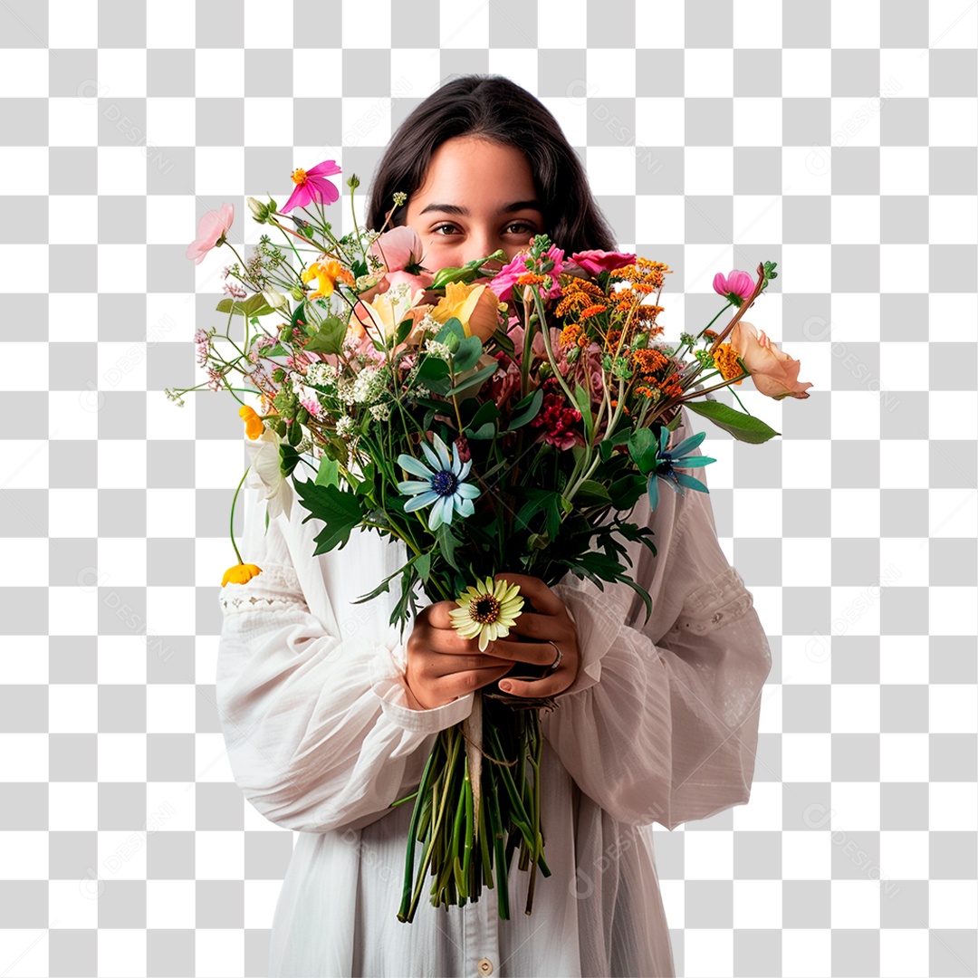 Mulher Segurando Buquê de Flores PNG Transparente
