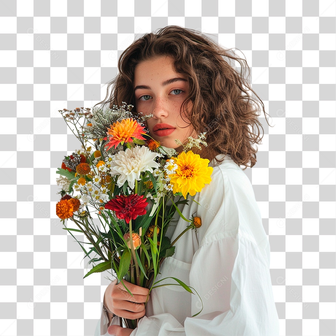 Mulher Segurando Buquê de Flores PNG Transparente
