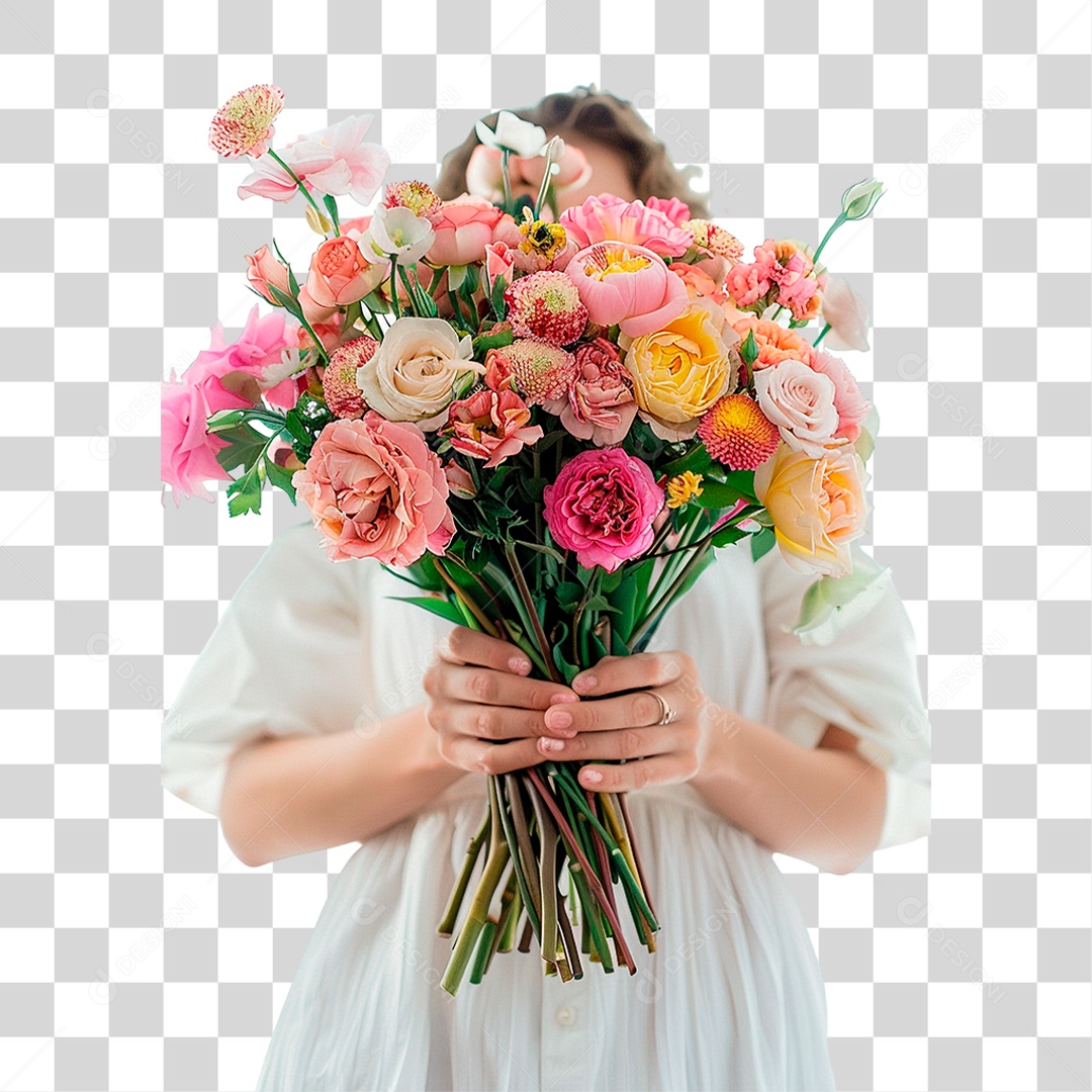 Mulher Segurando Buquê de Flores PNG Transparente