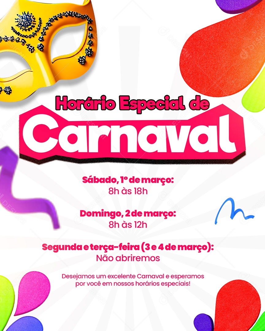 Horário Especial de Carnaval Social Media PSD Editável