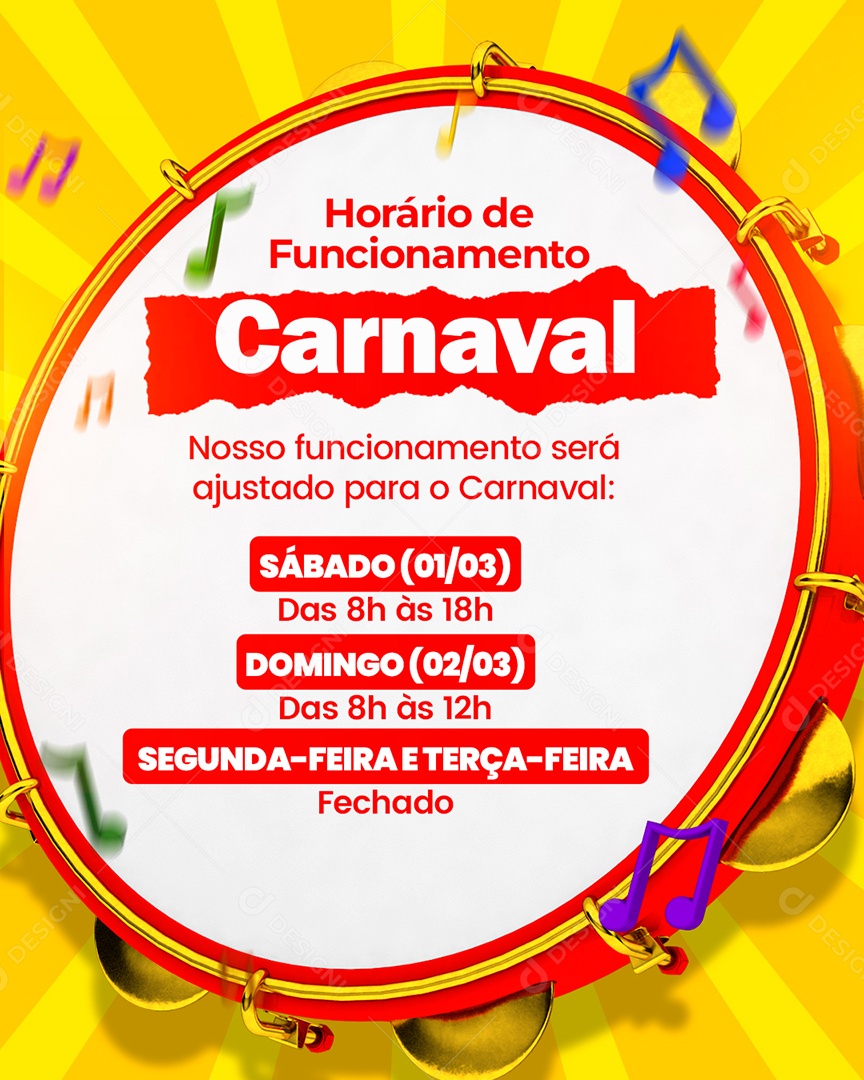 Carnaval Horários de Funcionamento Social Media PSD Editável