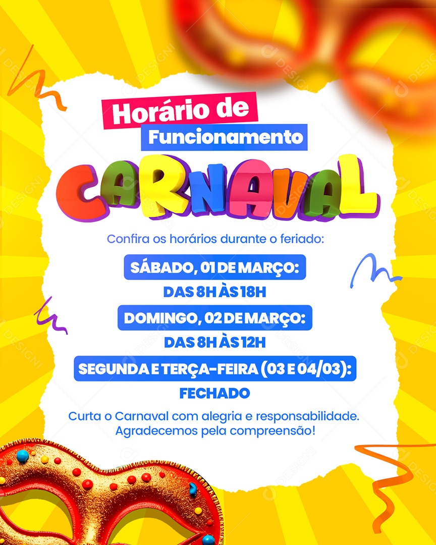 Carnaval Horários de Atendimento Social Media PSD Editável