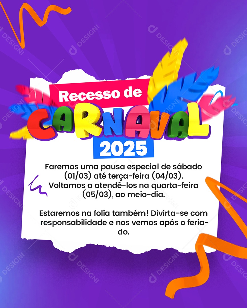 Comunicado de Recesso Carnaval Social Media PSD Editável
