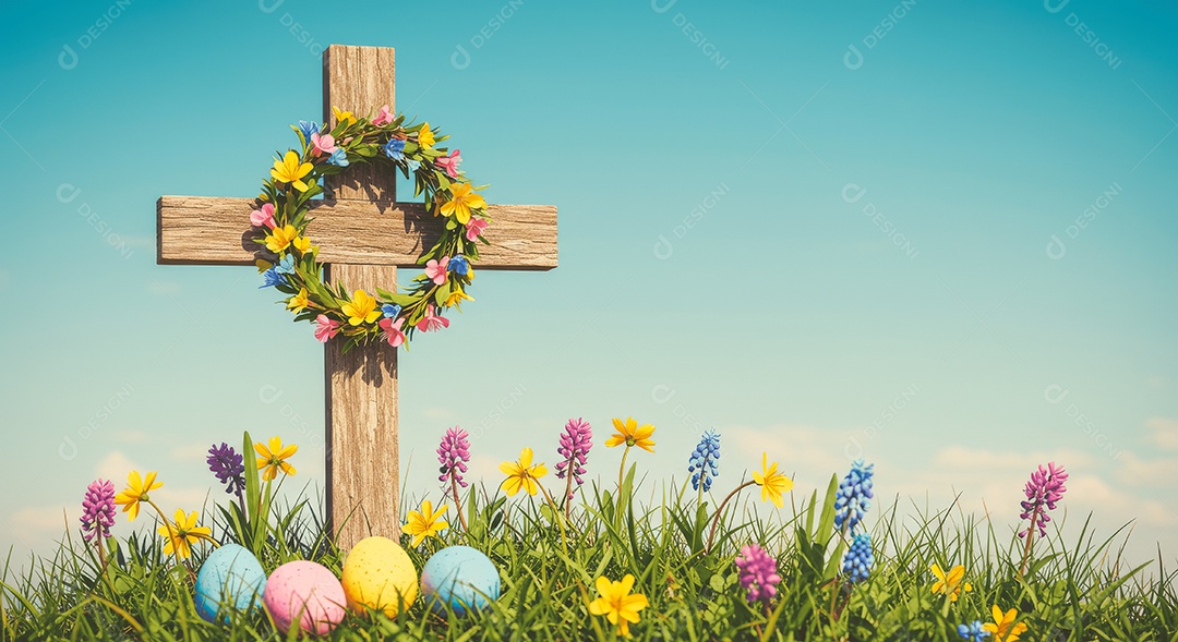 Morro com jardim e flores ovos coloridos e cruz ressurreição de cristo