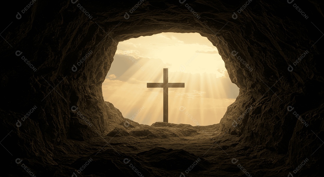 Sepulcro de pedras com cruz e lenço vermelho ressurreição de cristo