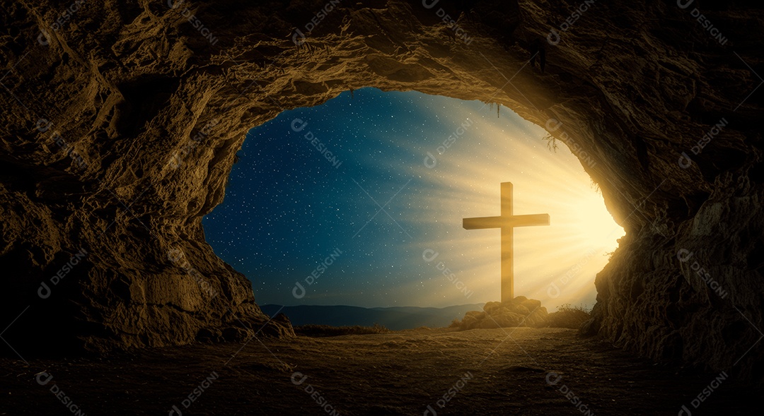 Sepulcro de pedras com cruz e lenço vermelho ressurreição de cristo