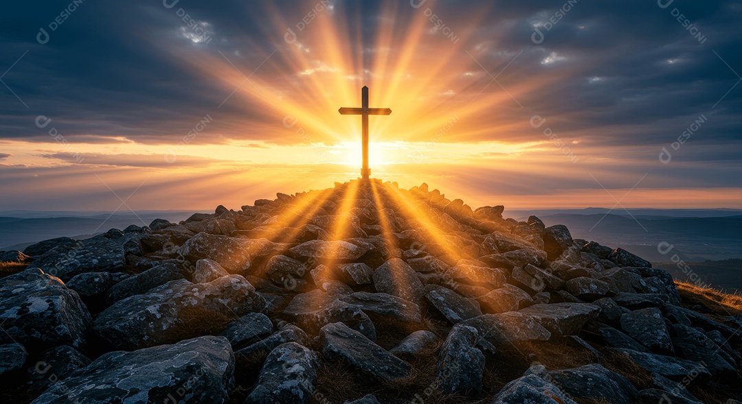 Sepulcro de pedras com cruz e ressurreição de cristo