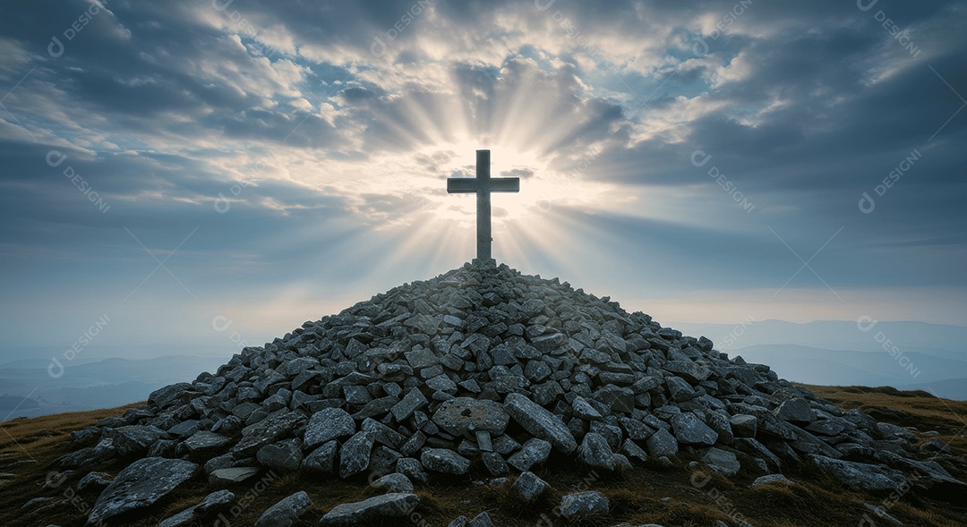 Sepulcro de pedras com cruz e ressurreição de cristo